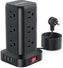 10FT Surge Protector Power Strip Tower with 12 AC & 4 USB Ports for Office
