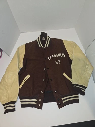 Vintage Sand Knit Varsity Jacket Mens ST. Francis 63 Wool Leather Size 40   #241 - product listing photo