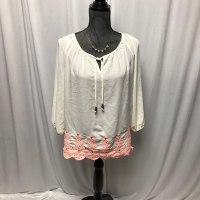 Jolt Peasant Top Womens Size Large White Coral Pink Embroidered Shirt