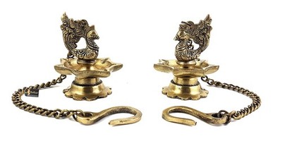 Two Moustaches Brass Peacock Carved Hanging Diya Set Brass Hanging Diyas Diwali