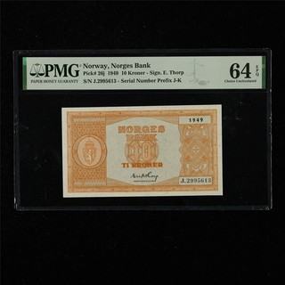 1949 Norway Norges Bank 10 Kroner Pick#26j PMG 64 EPQ Choice UNC