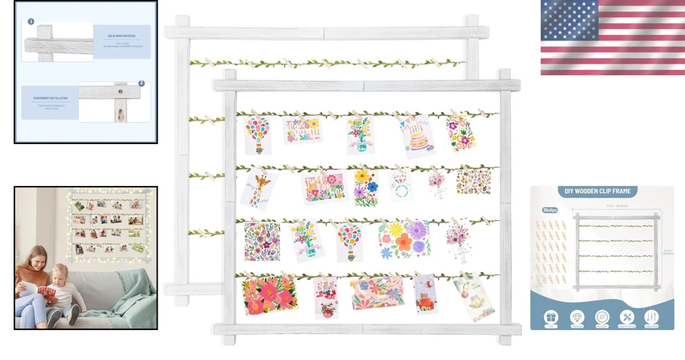 Charming 2-Pack Wall-Mounted Photo Collage Board with 30 Clips, Rustic Style - Image 2 of 4