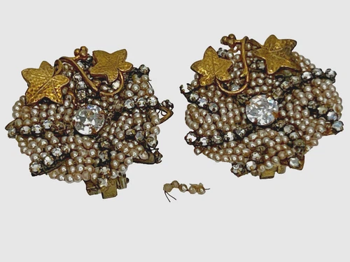 Vintage Signed Miriam HASKELL Seed Pearl Rhinestone Gold-tone Clip on Earrings