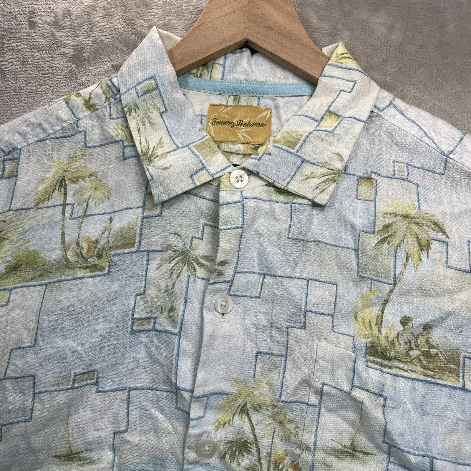 Tommy Bahama Shirt Linen Island Print Short Sleeve Vacation Large