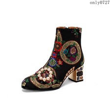 Women's Retro High Top Ankle Boots Rhinestone Mid Chunky Heel Stage Beads Shoes