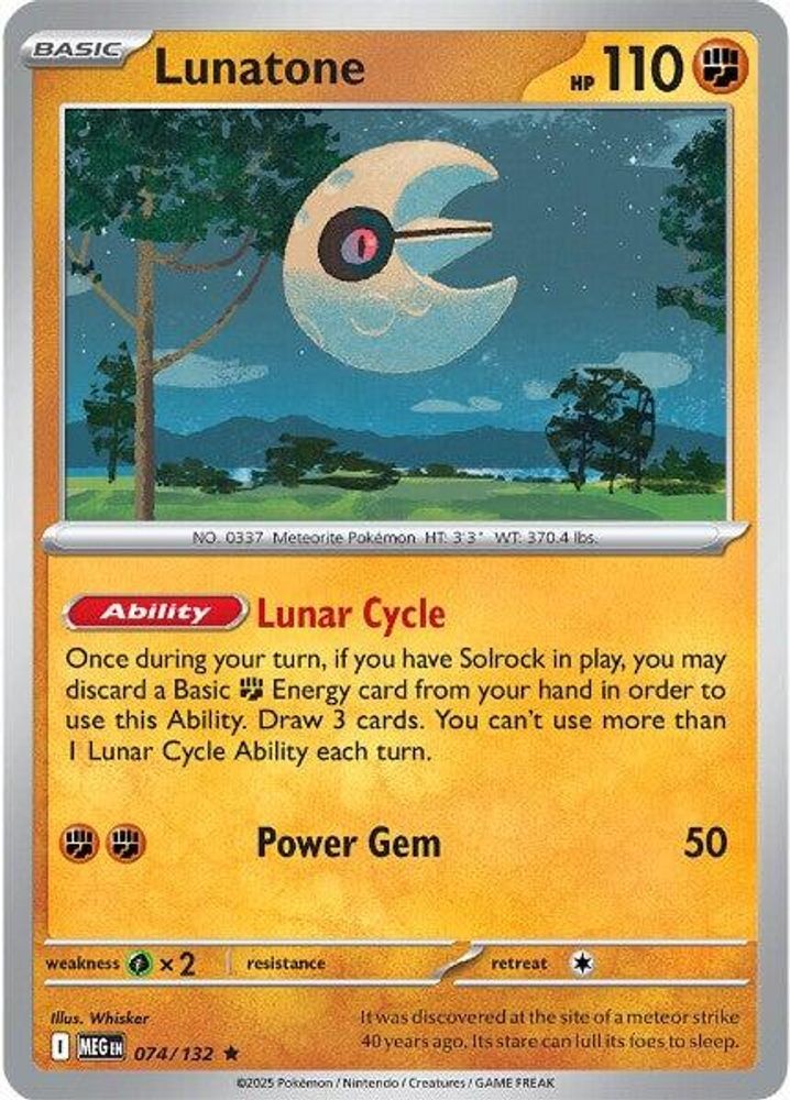 2025 Pokemon ME01: Mega Evolution Lunatone (#074/132, Holofoil, Rare, Near Mint)