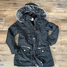 Abrigo Parka Greenlander Negro Con Capucha Piel Sintética Forrado Cordón Cintura Largo Medio M