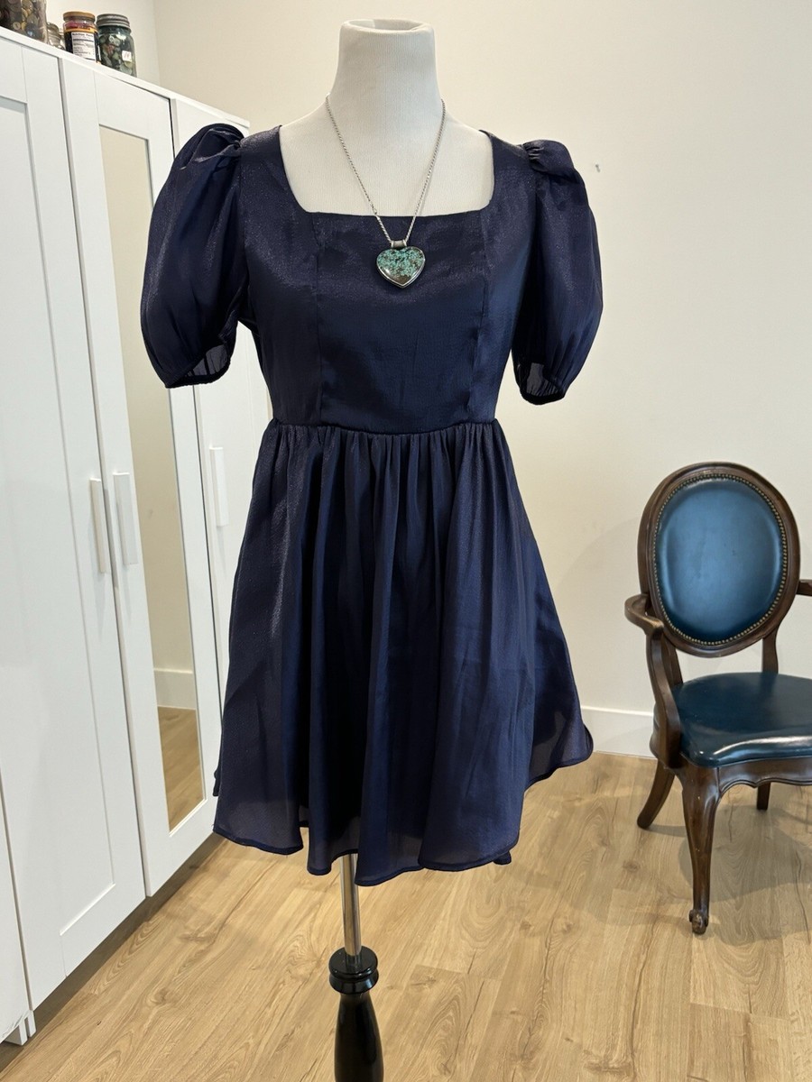 short navy chiffon dress Short Sleeve Chiffon V-Neck A-Line Bridesmaid Dress in Dark Navy