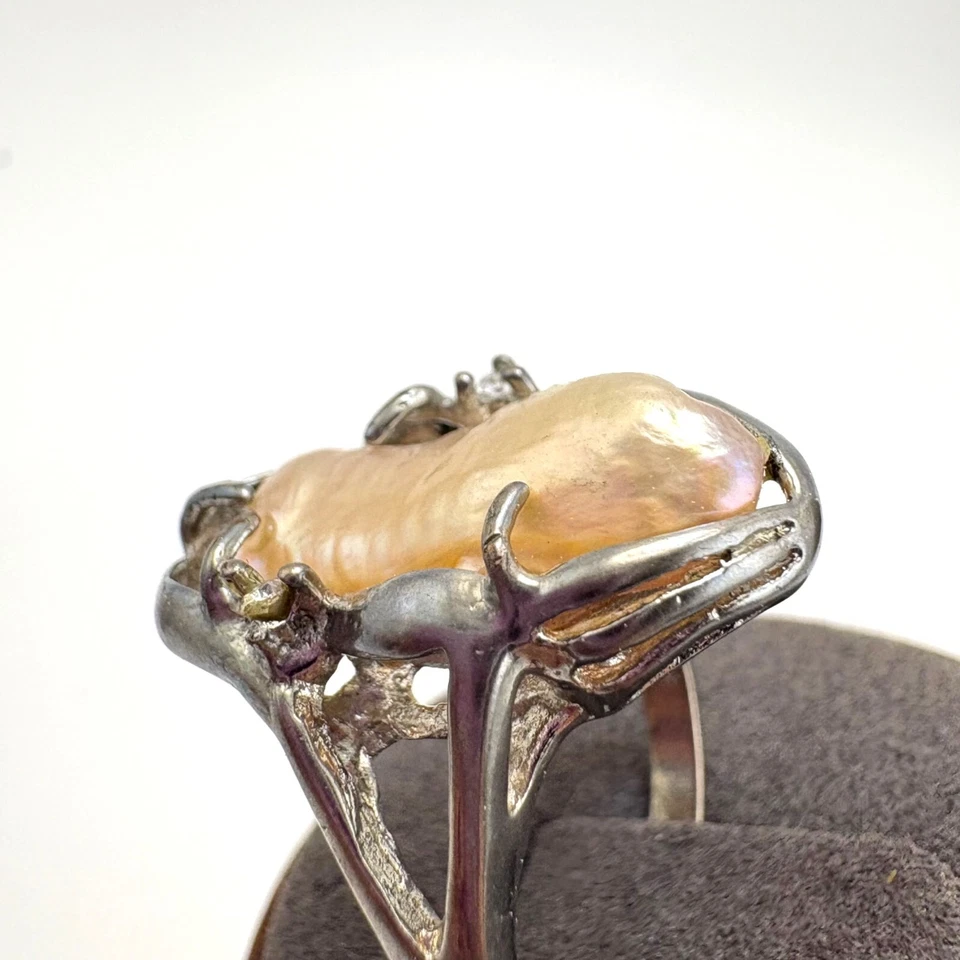 Juego de puntas de perlas sintéticas enchapadas en plata hombros divididos anillo llamativo talla 9 Foto 4 de 4