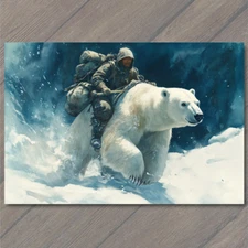 Art Print  Polar Bear Carrying Adventurer Rugged Gear Survival Arctic Frozen Wil