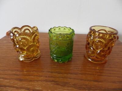 (2) L.E. Smith Amber  (1) Kanawha Green Glass Toothpick Holders 2.5'' x 2''  .5LB 