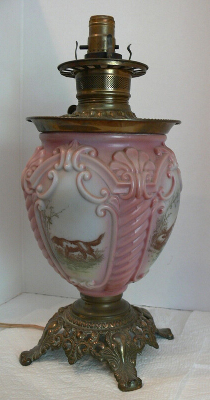 Antique GWTW consolidated  Oil Lamp Base Victorian Parlor Spaniel Hunting Dog