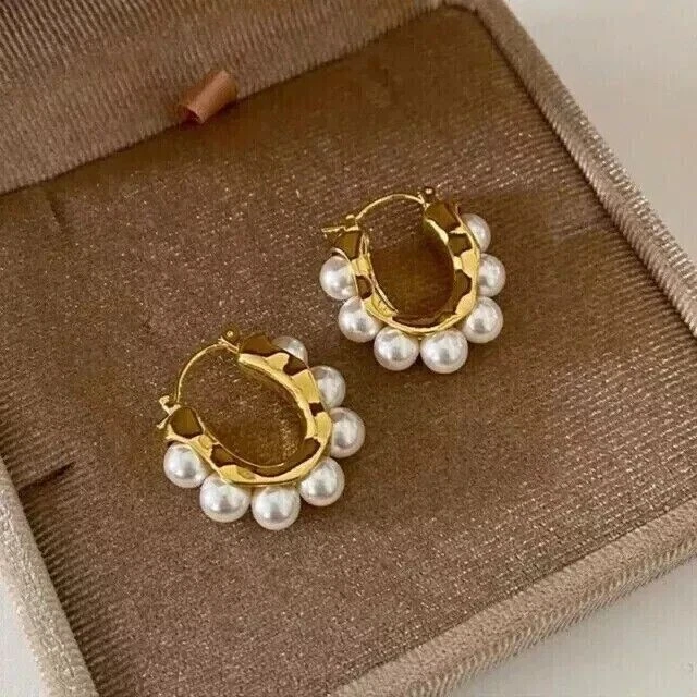 1.50Ct Round Cut Genuine White Pearl Women Hoop Earrings 14K Yellow Gold Plated - Image 3 of 4