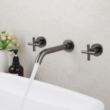 3PCS Gun Metal Bathroom Basin Faucet Brass Double Handles Mixer Wall Mounted Tap