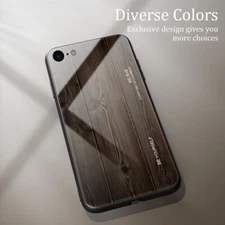 For iPhone 16 15 Pro Max 14 13 12 11 8 Wooden Grain Glass Back Hard Case Cover