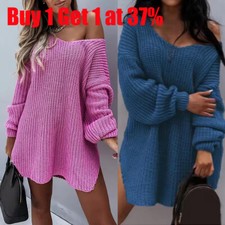 Ladies Womens V Plunge Oversized Jumper Baggy Chunky Knit Sweater Long Top Dress