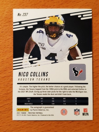 2021 Prestige Xtra Points Auto Premium Blue #237 Nico Collins Michigan Texans WR - Picture 2 of 2