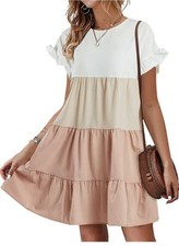 Womens Ruffles Boho Babydoll Loose Swing Casual Short Mini Dress. Sz S