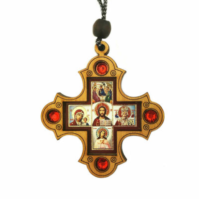 Wooden Icon Cross Virgin of Kazan Christ St Nicholas & Guardian Angel 2 3/4''