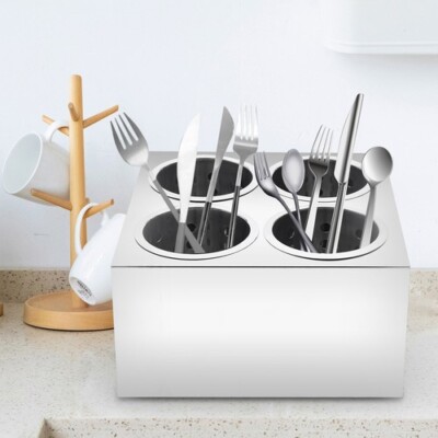 4 Hole Stainless Steel Spoon Container Flatware Holder Storage Box Kitchen USA