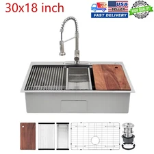 30"x18" Single Bowl Top Mount Workstation Kitchen 16 Gauge Steel Sink W/ Faucet