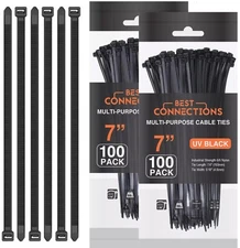 200 Pcs  7" Inch Black Nylon Cable Straps Zip Ties Wire 50 Lbs Test
