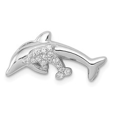 14k White Gold Prong Set Diamond Swimming Double Dolphin Fancy Pendant 0.08 Ct.