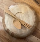 VTG Large 14” Wooden Salad Bowl Round Utensil 3pc Set Unique Wood Grain 1980 EUC — photo 6