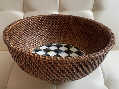 Mackenzie Childs Courtly Check Natural Rattan & Enamel Bowl 12''W x 6'' Tall RARE