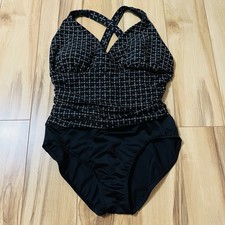 Lands End One Piece Tugless Swimsuit Tummy Control Ruching Sz 10 Black Geometric