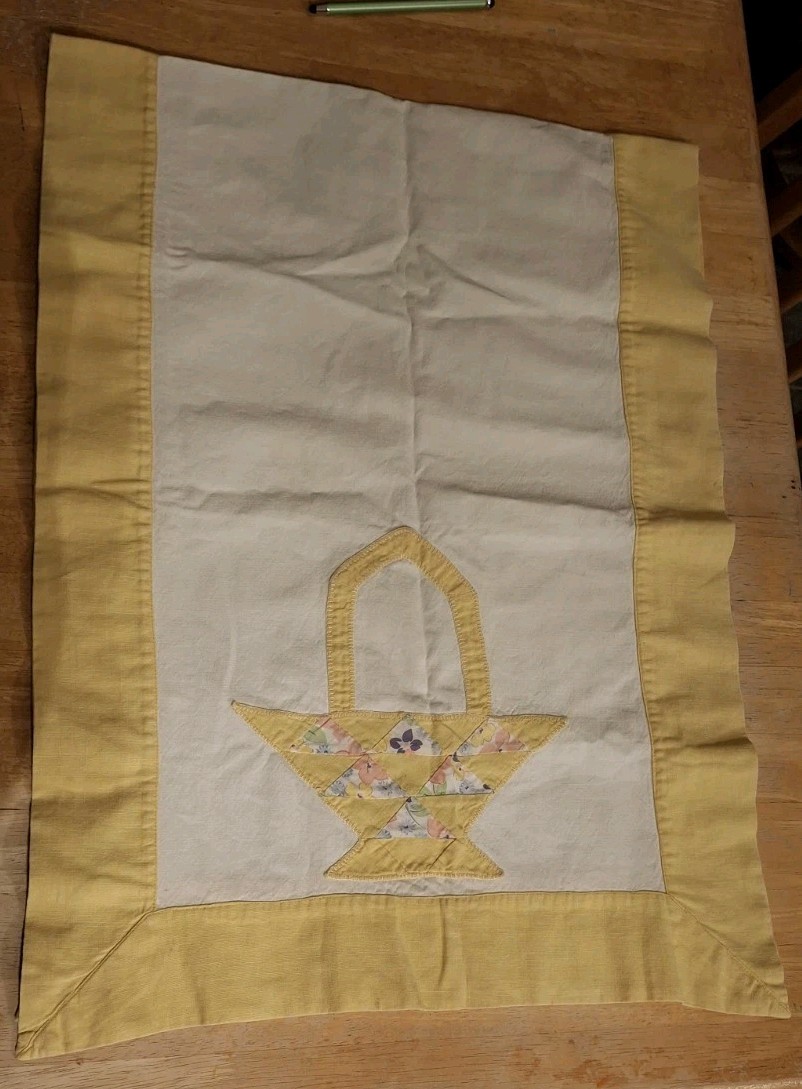 Vint. Antique? Yellow And White Table Runner Or Dresser Scarf W/ Basket Applique