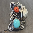 Navajo Vintage Spectacular Sterling Silver Ring Turquoise Coral Stamped Size ~7