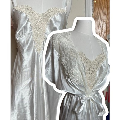 Linea Donatella White Satin Lace Beaded Mini Dress Robe Set Bridal VTG S/M