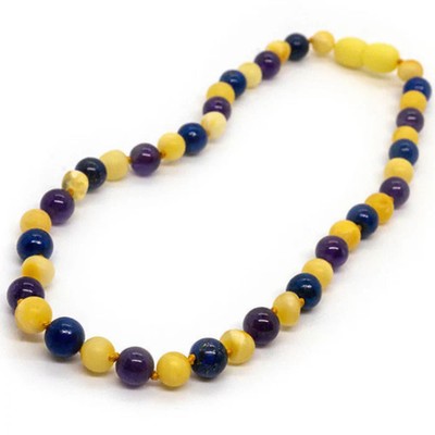 12.5 14 inch Baltic Amber Necklace Raw Milk Amber Lapis Lazuli Amethyst ADHD