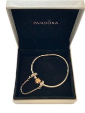 Pandora Silver & Rose Gold Barrel Clasp Bracelet 17 cm  safety chain pave box