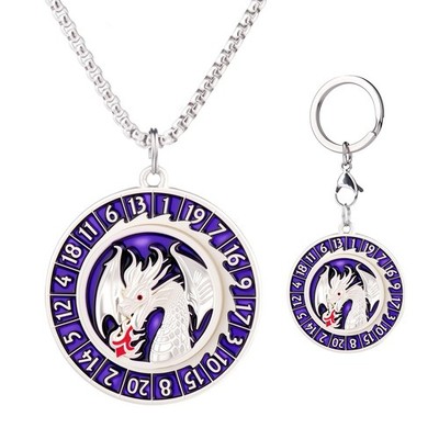 Haxtec D20 Spinner Dice Keychain DND Necklace Portable Compact, White Purple 