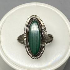 Mexico Ring Green Malachite Silver Tone Oval Bezel Set Vtg Signed Large 11
