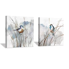 Abstract Picture Bird Wall Art: Animal Birds on Reed Watercolor Artwork Print...