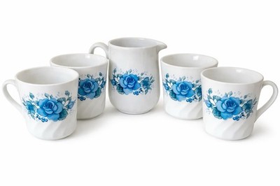 Vintage Corning Blue Floral Coffee Tea Set 4 Cups & Creamer Cottagecore Kitchen 