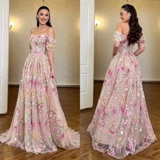 Off Shoulder Floral Sequin Lace Ball Gown Women Evening Dresses Formal Party
