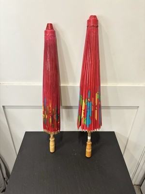 2- Vintage 1950s Japanese Paper Parasols Umbrellas Bamboo Handpainted Hibiscus