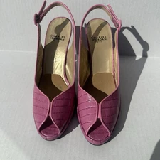 Charles Jourdan Paris Peep-Toe Heels Vtg Pink Alligator Embossed Leather Size 6