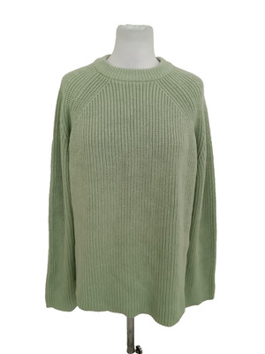 M&S Women's Crew Neck Jumper Size M Pale Jade Ribbed Slit Cotton Mix Used
