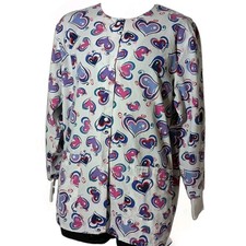 Landau Cotton Blend Scrub Jacket Long Sleeve Warmup White Hearts 7525 LARGE