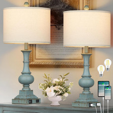 Rustic Farmhouse Table Lamps Set of 2 with USB Ports  Dimmable LED Bulbs