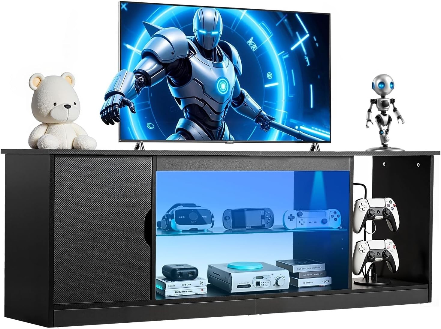 Meuble TV bois noir 65 pouces LED étagères verre pour meubler un grand salon moderne