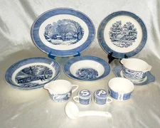 Blue Currier &Ives Royal China Serving Pieces- S/P Shakers Serving Platter Bowl+