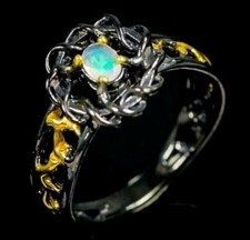Ring mit Opal / Opalit 925 Silber Schwarz Rhodiniert + Gelbgold teilvergoldet