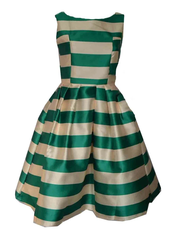 Vestido Largo Crema Con Verde Rayas Poliéster Seda Rockabilly Retro Estilo Talla - Imagen 1 de 1