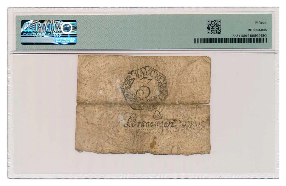 ITALIAN STATES (REPUBLICA ROMANA) banknote 3 Bajocchi 1798 PMG F 15 Choice Fine - Image 2 of 4